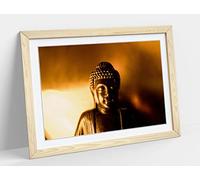 Gold Buddha Statue, Asian Buddhism Photography Framed Wall Art Print Picture - A4 - Light Oak Frame