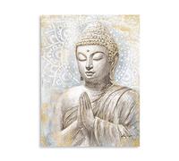 Gold Buddha Wall Art: Laughing Buddha Painting with Mandala Flower and Gold Leaf for Living Room, Bedroom, Yoga Room, Buddhist Meditation Room - 24"x32"