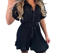 Gold Button Playsuit For Women Elasticated Waist V-Neck Collared Wide Leg Dungarees Overalls Joggers Frill Ruffle Baggy Shorts Summer Short Sleeve Wide Rompers Collar Loose Playsuit (Black , UK 8-14)