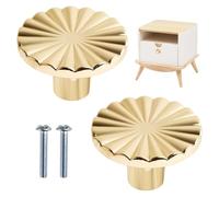 Gold Cabinet Knobs, 2 Pack Brushed Brass Round Drawer Knobs Classic Zinc Alloy Solid Dresser Knob Modern Design Kitchen Cupboard Knob Replacement Furniture Pulls for Dressers Wardrobes Cupboards
