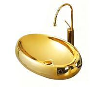 Gold Ceramic Bathroom Vessel Sink, Oval Countertop Vanity Basin with Waterfall Faucet and Pop-Up Drain, Modern Luxury Sinks for Home, Hotel, Toilet(Medium)