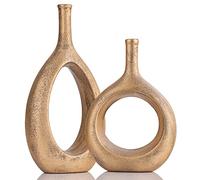 Gold Ceramic Hollow Elliptical Vase Set of 2 - Boho Circle Vase with Hole, for Modern Gold Table Decor, Living Room Decor Shelf mid Century Modern Home Entrance Decorative vase