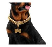 Gold chain choke collar for dogs, solid Cuban link, chew-resistant with secure buckle and blank tag