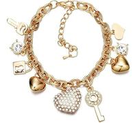 Gold Chain Link Bracelet - 7"+ 2" Extender 14K Gold Plated Love Locked Bracelets for Women, with Crystal, Love Heart,Key, Lock, Charm Bracelet (Love Locked Gold Charm)