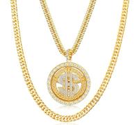 Gold Chain with Dollar Sign, Fake Gold Chain, Money Chain Necklace for Men Women Gold Plated Stainless Steel Jewelry Fashion Pendants for 70s 80s 90s Hip Hop Rapper Costume Accessories (Circular)