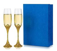 Gold Champagne Flutes Set of 2 - Champagne Glasses Gift Set Creative Metal Base with Crystals Inweder Prosecco Glasses Personalised Wedding Glasses Engagement Wedding Gifts for Bride Groom Anniversary