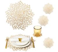 Gold Charger Plates Set of 16 Gold Table Placemats & 16 Pcs Coasters Place Mats Wipeable Christmas Holiday Vinyl Round Placemats Wedding Kitchen Dinner Farmhouse Dining Table Setting Decor
