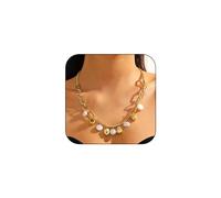 Gold Charm Necklace for Women 14k Gold Dainty Chunky Chain Evil Eye Moon Pearl Beads Shell Charm Necklace Summer Beach Seashell Jewelry for Women, Zinc, Cubic Zirconia