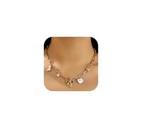 Gold Charm Necklace for Women 14k Gold Dainty Chunky Chain Evil Eye Moon Pearl Beads Shell Charm Necklace Summer Beach Seashell Jewelry for Women, Zinc, Cubic Zirconia