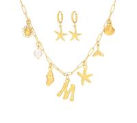 Gold Charm Necklace for Women Seashell Starfish Initial Charm Necklace Gold Summer Beach Chunky Charm Necklace Starfish Necklace Earrings Set Beachy Jewelry Gift for Women, Stainless Steel, No