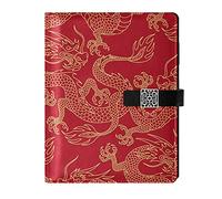 Gold Chinese Dragons On Red Seamless Refillable Journal Writing Notebook, PU Leather Hardcover Diary Note Book, Planner A5 Ruled Notepad for Agenda with Pen Holder