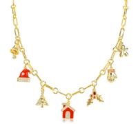 Gold Christmas Charm for Women Plated Cubic Zirconia Tree Jingle Bell Candy Mittens Holly Berry Gingerbread Man Enamel House Santa Hat Pendant Xmas Jewelry Gift,