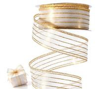 Gold Christmas Ribbon Wired 1.5'' X 10 Yards Metallic Christmas Ribbon | Glitter Mesh Wired Ribbon for Christmas Tree Decorations Gold Ribbons for Gift Wrapping Garland Swags Crafts, Home Decor