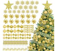 Gold Christmas Tree Decorations Set 108 Pcs Xmas Tree Ornament Kit with Tree Topper Star and Ball Ornaments, Glitter Snowflakes, Flowers, Berry Stems, Organza Ribbon for Xmas Holiday Decor