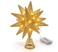 Gold Christmas Tree Topper 28cm Glitter 3D Star LED Light Xmas Decoration | Light Up Gold Glitter Star Christmas Tree Topper With Warm LED Lights Full 3D Star Design