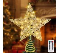Gold Christmas Tree Topper Star with 20 Warm White LED Lights, Remote Control Star Tree Topper for Christmas Tree Decorations and Xmas Holiday Seasonal Décor, Battery Required, 11.8 x 9.5 Inch