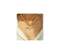Gold Chunky Heart Necklace for Women Statement Big Heart Pendant Gold Beaded Necklace Unique Large Thick Hollow Love Heart-Shape Neck-lace Y2k Party Wedding Jewelry Accessories for Her, Zinc, No