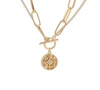 Gold Chunky Thick Link Chain Necklace Compass Coin Pendant Toggle Necklace Charm Minimalist Jewelry for Women Men Teen Girls, Metal, alloy