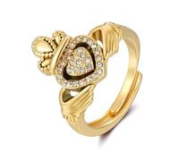 Gold Claddagh Adjustable Ring with Stones - Luxurious Finish Intricate Detailing and Unique Sizing for Every Finger (Stones sparkle like real diamonds, Height: 16mm, Weight: 6g) - Bling King London