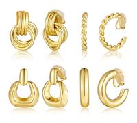 Gold Clip on Earrings for Women Non Pierced - 14K Gold Plated Knot Chunky Hoop and Drop Dangle Earring Set Fake Ears Jewelry Trendy Gold/Silver 4 Pair, 1, cooper, No Gemstone