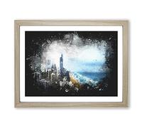Gold Coast Skyline In The Clouds Paint Splash Modern Art Framed Wall Art Print, Ready to Hang Picture for Living Room Bedroom Home Office Décor, Oak A4 (34 x 25 cm)
