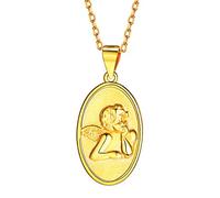 Gold Coin Guardian Angel Raphael Pendant Necklaces, 18K Gold Plated Oval Dainty Figure Engraved Handmade Medal Lucky Necklaces Jewelry for Women Men