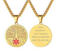 Gold Coin Necklace for Woman, Health Jewelry Stainless Steel Tree of Life Medical Alert Pendant Necklaces Engraved, Talisman Amulet Gifts for Christmas