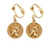 Gold Coin Portrait Drop Earrings Vintage Ancient Roman Style (Gold, Non Pierced)