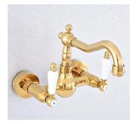 Gold Color Brass Wall Mounted Double Ceramic Handles Bathroom Kitchen Sink Faucet Mixer Tap Swivel Spout,Kitchen Sink Faucet LWX