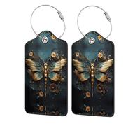 Gold Color Delicate Dragonfly Flower 2 PCS Business Travel PU Leather Label Suitable for Handbags/Backpacks/Luggage