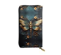 Gold color delicate Dragonfly flower Long leather wallet, portable credit card holder, zippered coin purse, and ID compartment