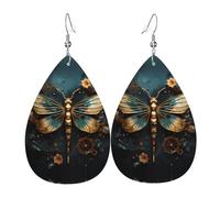 Gold color delicate Dragonfly flower Pattern leather earrings | Water drop-shaped printed earrings, suitable for daily/party/dating scenes