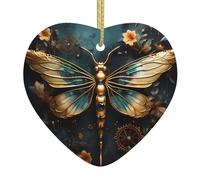 Gold color delicate Dragonfly flower Print heart-shaped ceramic pendants create a warm atmosphere for homes, parties, and gifts.