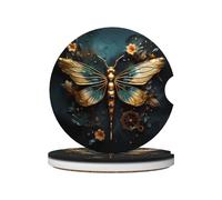 Gold color delicate Dragonfly flower Prints Ceramic car coasters (2-pack) absorb moisture, are non-slip and easy to clean for cars, trucks, and boats.
