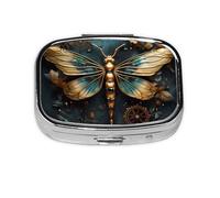 Gold Color Delicate Dragonfly Flower Square Pill Box Lightweight and Portable, with 2 Plastic Inserts, Suitable for Carrying in Pockets or Wallets.