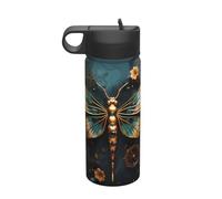 Gold color delicate Dragonfly flower Travel leisure insulated water bottle, stainless steel straw water bottle (18 oz), suitable for camping fitness outdoor hiking,
