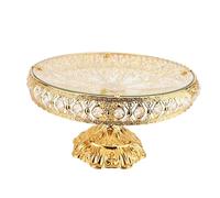 Gold Color Round Fruit Plate Metal Glass Decorative Fruit Dessert Tray, Crystal Cake Display Stand 14 in Metal Pedestal Gold Cake Plate Stand Dessert Cookies Fruit Serving Tray