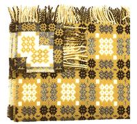 Gold Colour Welsh Tapestry Woollen Throw. Traditional Carthen Welsh Blanket - Caernarfon pattern. Finished with fringing.