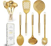 Gold Cooking Utensils Set - 5-Piece Stainless Steel Kitchen Tools for Modern Cooking and Serving - Dishwasher Safe Ladle, Spoon, Spatula, Pasta Fork, Luxury Brass Kitchen Accessories for Home Chefs
