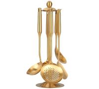 Gold Cooking Utensils Set with Holder - 18/10 Stainless Steel Kitchen Utensils - 15’’ All Metal Brass Kitchen Tools with Countertop Rotating Stand, Spatula, Ladle, Skimmer, Turner, Pasta, Large Spoon