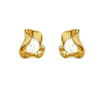 Gold Crinkled Wrap Pearl Stud Earrings for Women, Textured Baroque Pearl & Folded Metal Statement Studs, 0.9" Sculptural Artisan Jewelry, Vintage-Inspired Modern Accessory