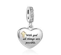 Gold Cross Bible Verse Love Heart Dangle Charm Compatible with Pandora Charms Bracelets With God All Things are Possible Matthew