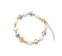 Gold Cross Bracelets for Women Gold Beaded Pearl Charm Virgin Mary Medal Christian Inspirational Dainty Jewelry Gifts for Christmas Birthday Stocking Suffers, L, Zinc, no gemstone