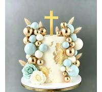 Gold Cross Cake Topper for Baptism, Glod Blue Balls Cake Decorations First Communion & Christening, Acrylic Mirror Decor - 3.94 Inch Holy Cross for Baby Shower, Wedding Cakes
