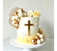 Gold Cross Cake Topper for Baptism, Gold White Balls Cake Decorations Rose Cake Toppers First Communion & Christening, Acrylic Mirror Decor - 3.94 Inch Holy Cross for Baby Shower, Wedding Cakes