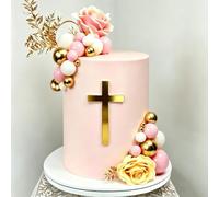 Gold Cross Cake Topper for Baptism, Pink White Balls Cake Decorations First Communion & Christening, Acrylic Mirror Decor - 3.94 Inch Holy Cross for Baby Shower, Wedding Cakes