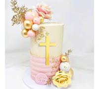 Gold Cross Cake Topper for Baptism, Pink White Cake Decorations First Communion & Christening, Acrylic Mirror Decor - 3.94 Inch Holy Cross for Baby Shower, Wedding Cakes