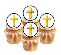 Gold Cross Edible Cupcake Toppers - Religious Cake Decorations for Christenings, Baptisms, Holy Communions, Church Celebrations Uncut (24 x 4cm/1.5 Inch Discs)