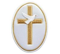 Gold Cross with Dove Patch Beautiful White Velvet Christian Emblem Embroidered Iron/Sew-on Badge (3.5 Inch) Vatican Catholic Church Souvenir Gift