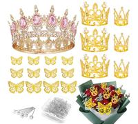 Gold Crowns Flower Bouquets Accessories Including 7Pcs Cake Mini Crown Topper, 12Pcs Butterfly Decorations, 100Pcs Flower Pins, for Birthday Wedding Crafts Flower Bouquets Cake Topper Floral Supplies